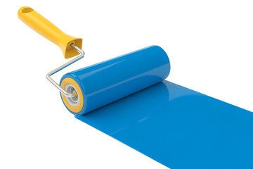 Blue paint roller with blue paint strip isolated on transparent background