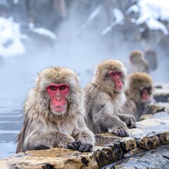 Fototapeta premium Macaques enjoying a hot bath, steam rising, winter landscape