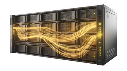 Server Rack with Glowing Data Streams, Data Center Technology, Digital Information Flow, Cyber Security Concept, Network Connectivity