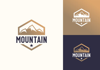 Mountain Range Landscape Ridge Top Hill Peak Summit Hexagon Badge Vector Logo Design Illustration