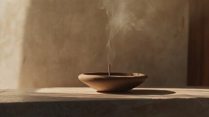 unglazed. Simple unglazed ceramic incense burner with a wisp of smoke on a stone surface. event programs, museum guides, designed for cultural heritage projects and event programs.