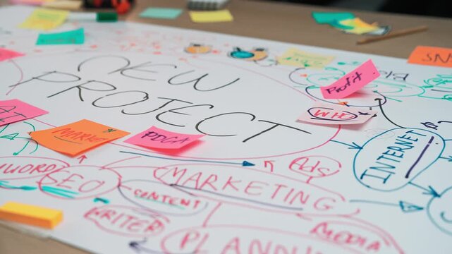 A creative brainstorming session featuring a new project mind map on large paper, surrounded by colorful sticky notes and vibrant doodles, showcasing teamwork and innovation. SACTR