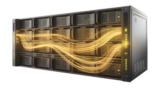 Server Rack with Glowing Data Streams, Data Center Technology, Digital Information Flow, Cyber Security Concept, Network Connectivity - Powered by Adobe