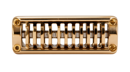 Gold humbucker pickup creating electric guitar sound, close up of audio electronics for musical instrument, transparent background