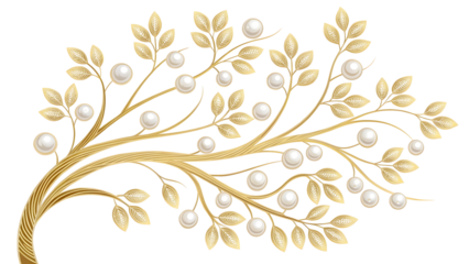 Golden Tree Branch with Pearls and Leaves, Elegant Decorative Element, Rich Luxury Motif, Ornate Swirls, Vector Illustration Isolated on Transparent Background