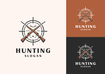 Rifle Crossed Animal Hunting Deer Antler Aim Target Retro Vintage Vector Logo Design Illustration