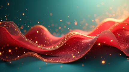 Abstract Background with Flowing Red Glitter Ribbons and Golden Bokeh Lights on Teal, happy Chinese new year , Korean decoration Red	