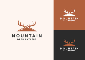 Mountain Range Hill Landscape Horn Deer Antler Buck Stag Hunt Vector Logo Design Illustration