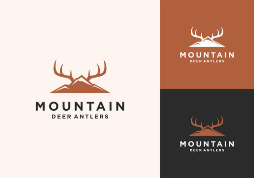 Mountain Range Hill Landscape Horn Deer Antler Buck Stag Hunt Vector Logo Design Illustration