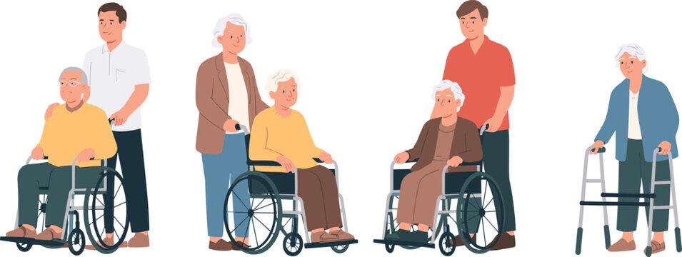 Cartoon caregiving illustration set with elderly individuals in wheelchairs and walkers assisted by younger adults for support themes.