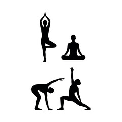 People practicing different yoga poses silhouette Vector