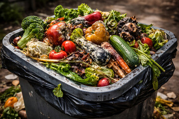 Fresh vegetables mixed with rotten produce in overflowing trash bin