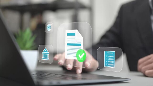 Compliance concept with digital checkmark icon, regulatory standards, corporate governance, risk management, audit control and data protection in modern business operations.
