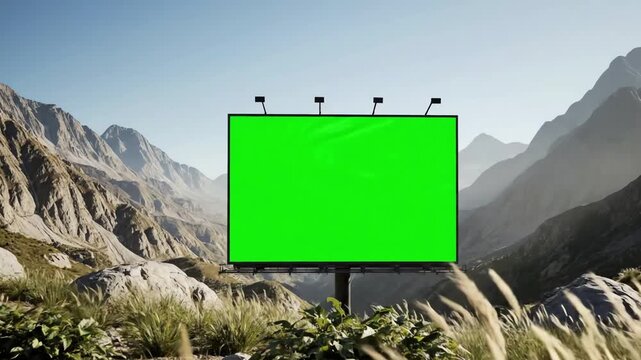 Blank Green Screen Billboard in a Scenic Mountain Landscape