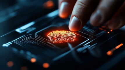 Digital fingerprint authentication process technology lab high-tech graphic dark environment close-up view security concept