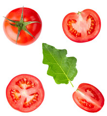 fresh ripe red tomatoes and a green leaf, whole and sliced, arranged on a transparent background, top-down view.