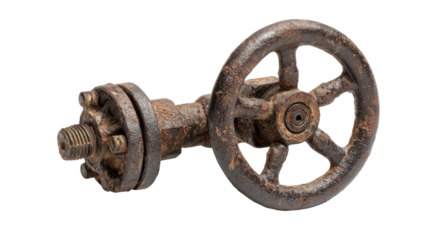 Old rusty industrial valve with hand wheel, plumbing hardware showing corrosion and deterioration on transparent background