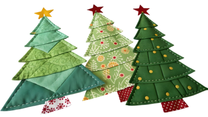 Three Quilted Christmas Trees with Stars and Festive Patterns on Black Background Isolated on Transparent Background