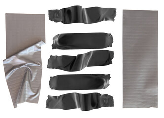 collection of different types of adhesive tapes, including clear packing tape strips and grey duct tape sheet, isolated on transparent background.