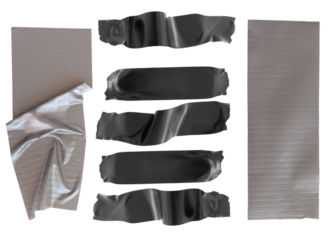 collection of different types of adhesive tapes, including clear packing tape strips and grey duct tape sheet, isolated on transparent background.