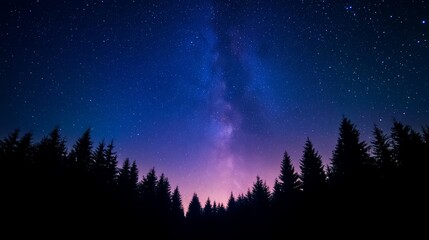 Naklejka premium Stargazing adventure enchanted forest night sky serene wilderness elevated perspective cosmic wonders await