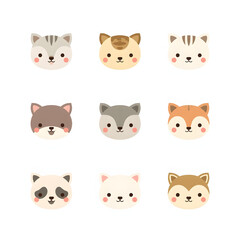 Cute Kawaii Minimalist Animal Faces Flat Illustration Set