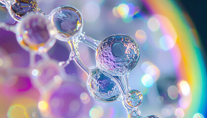 Molecular Marvel: A mesmerizing macro shot unveils the intricate architecture of a molecular structure. Bubbles glistening, and a spectrum of color dance across its surface.