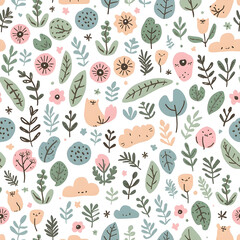 Cute Kawaii Nature Seamless Pattern with Flowers, Leaves, and Happy Clouds