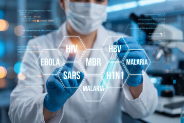 Scientist in lab coat and mask analyzing viral diseases like HIV, SARS, and Ebola on a digital holographic interface. Concept of clinical virology research, vaccine development, and science study.