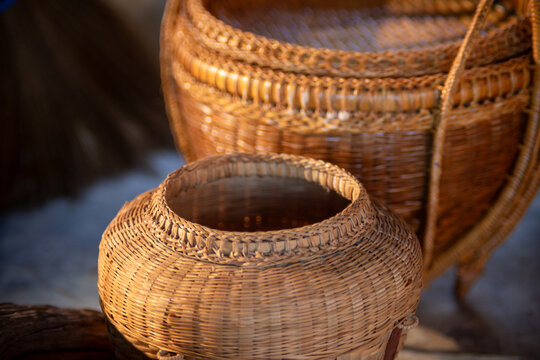 Traditional handmade bamboo baskets crafted in rural Thailand