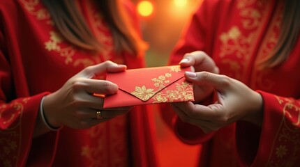 Close up of hands in traditional red clothing exchanging a decorative red envelope with gold floral patterns for Chinese New Year, happy Chinese new year , Korean decoration Red, Valentine's Day	