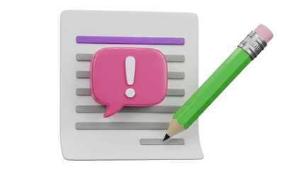 3D Illustration of a Document with Exclamation Mark and Pencil