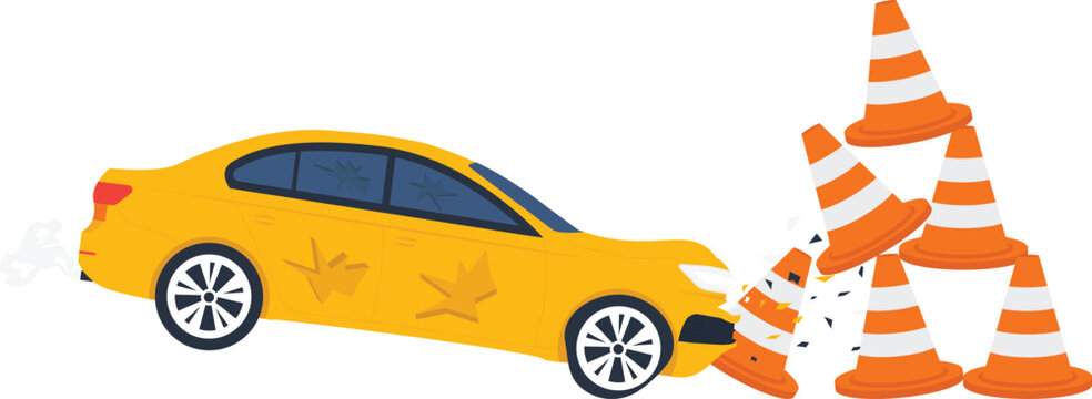 Yellow car crash into traffic cones illustration. Road accident, vehicle collision, damaged auto, driving failure, insurance claim, safety violation, reckless driving, traffic safety, driver error.