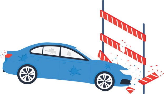Car Accident Blue Sedan Crashing Barrier Road Collision Vehicle Damage Traffic Incident Auto Insurance Broken Glass Shattered Debris Safety Failure Driving Risk