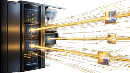 Server Racks with Glowing Data Streams and Futuristic Cube Nodes, Illuminating Network Connections, Digital Information Flow, Cinematic Lighting