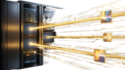 Server Racks with Glowing Data Streams and Futuristic Cube Nodes, Illuminating Network Connections, Digital Information Flow, Cinematic Lighting
