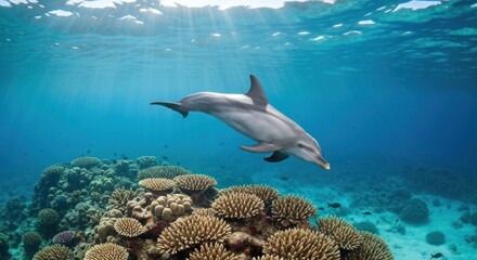 A dolphin swims gracefully above a vibrant coral reef, sunlight beams through the water