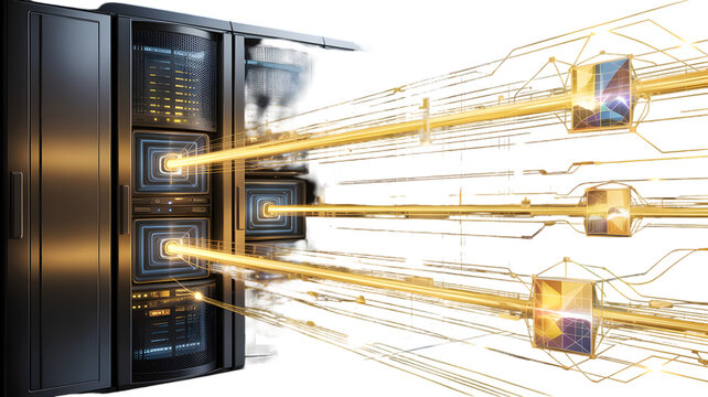Server Racks with Glowing Data Streams and Futuristic Cube Nodes, Illuminating Network Connections, Digital Information Flow, Cinematic Lighting - Powered by Adobe