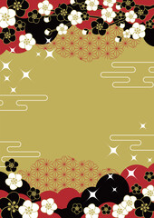 和風背景イラスト、かわいい、シンプル、梅、金、キラキラ、縦