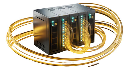 Server Racks with Glowing Data Streams in Dark Studio, Cinematic Lighting, Digital Technology Concept