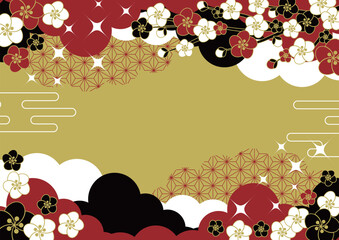 和風背景イラスト、かわいい、シンプル、梅、金、キラキラ、横