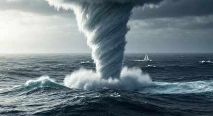 A giant waterspout towers over ocean waves with a distant sailboat under a stormy sky