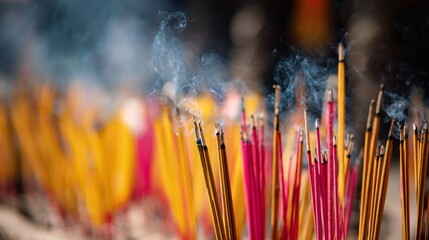 Incense sticks with gentle smoke rising in an ancient temple, vivid color in soft closeup focus, spiritual prayer and religion ritual atmosphere, with blurred background emphasizing detail
