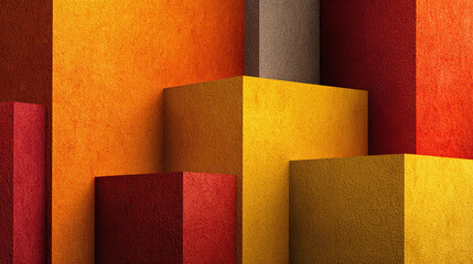 A modern abstract composition featuring a variety of colorful geometric shapes. The image showcases a play of light and shadow, with a focus on vibrant hues and textures