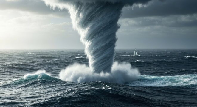 A giant waterspout towers over ocean waves with a distant sailboat under a stormy sky