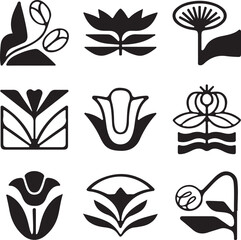 A collection of black floral nature icons and vector butterfly silhouettes in a decorative tattoo style art set for element design