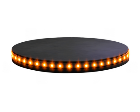 Round platform with illuminating yellow LEDs running across its edge on transparent background - Powered by Adobe