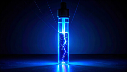 Glass dropper bottle with electric blue glowing liquid energy