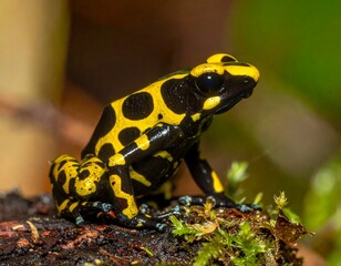 Fototapeta premium Close-up of a vibrant yellow and black spotted frog resting on moss