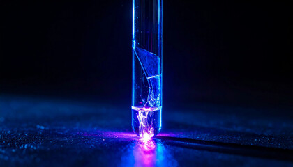 Cracked glass test tube with glowing blue liquid in dark laboratory